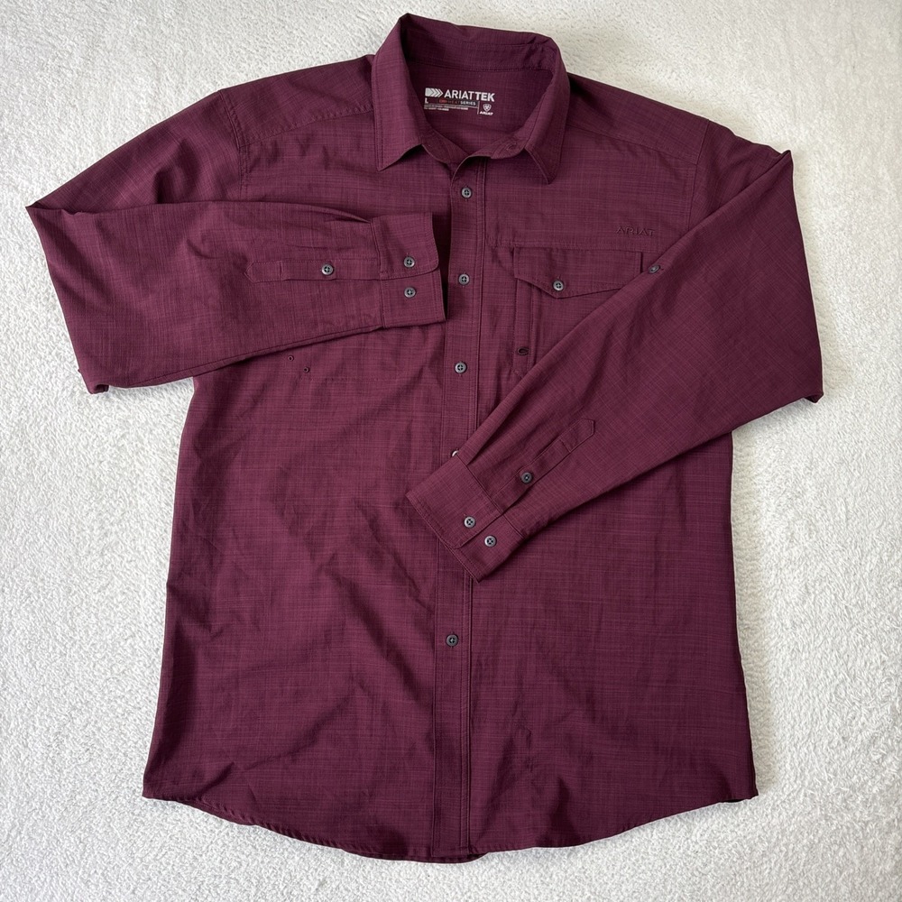 ARIAT Tek Heat Series Mens Long Sleeve Shirt Large Burgundy Lightweight Vented - Picture 2 of 16
